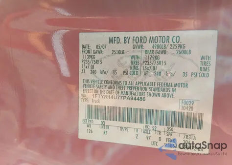 2007 Ford Ranger Sport/Stx/Xl/Xlt z USA, uszkodzony, nr VIN 1FTYR14U77PA94486